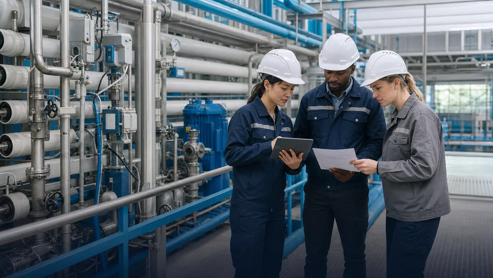 Water-treatment engineering team reviewing product and technical information at the facility