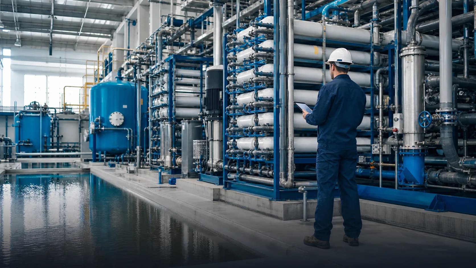 Engineer reviewing technical information in a modern water-treatment facility
