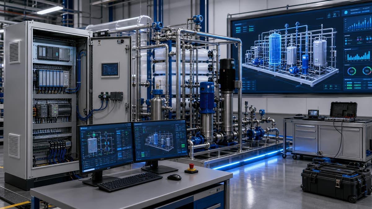 Virtual Commissioning Services: cloud-first IO checks before the skid hits the slab water treatment solution illustration