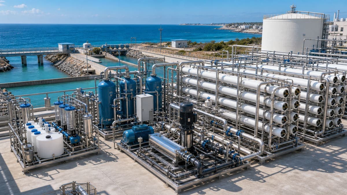 Coastal plants: seawater desalination (SWRO) packages water treatment solution illustration