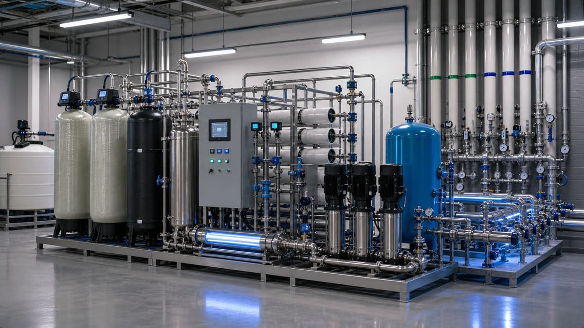 Commercial & institutional: central water with monitoring and pressure stability water treatment solution illustration