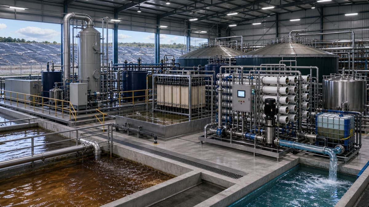 Landfill leachate: ammonia, organics, and refractory COD water treatment solution illustration