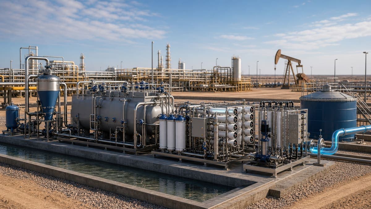Oil & gas produced water: deoiling, desalting, and reuse water treatment solution illustration