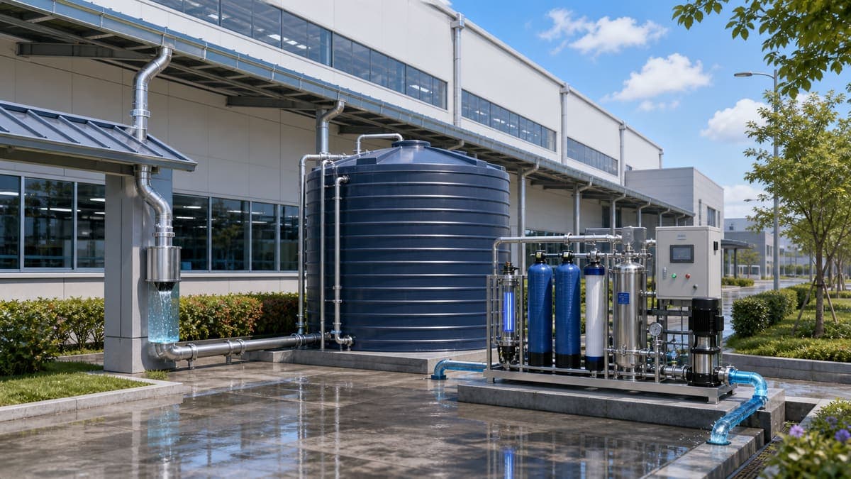Rainwater Harvesting & Treatment: sponge-factory distributed supply water treatment solution illustration