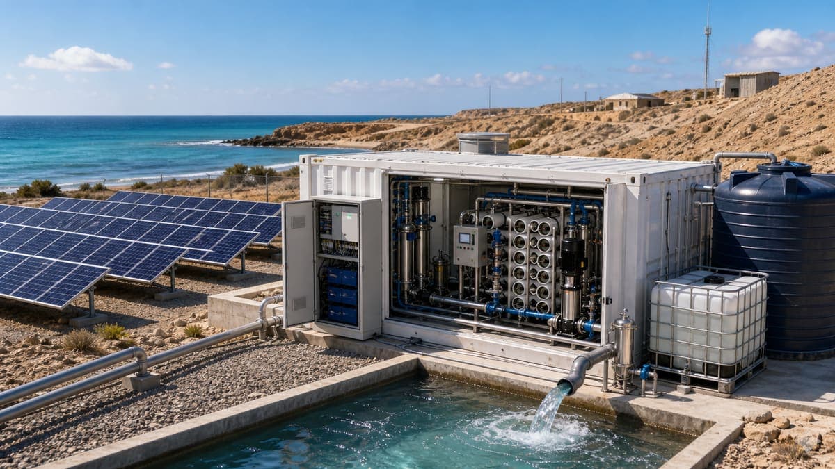 Solar-Powered Water Desalination: zero-carbon supply for off-grid and fringe-of-grid sites water treatment solution illustration