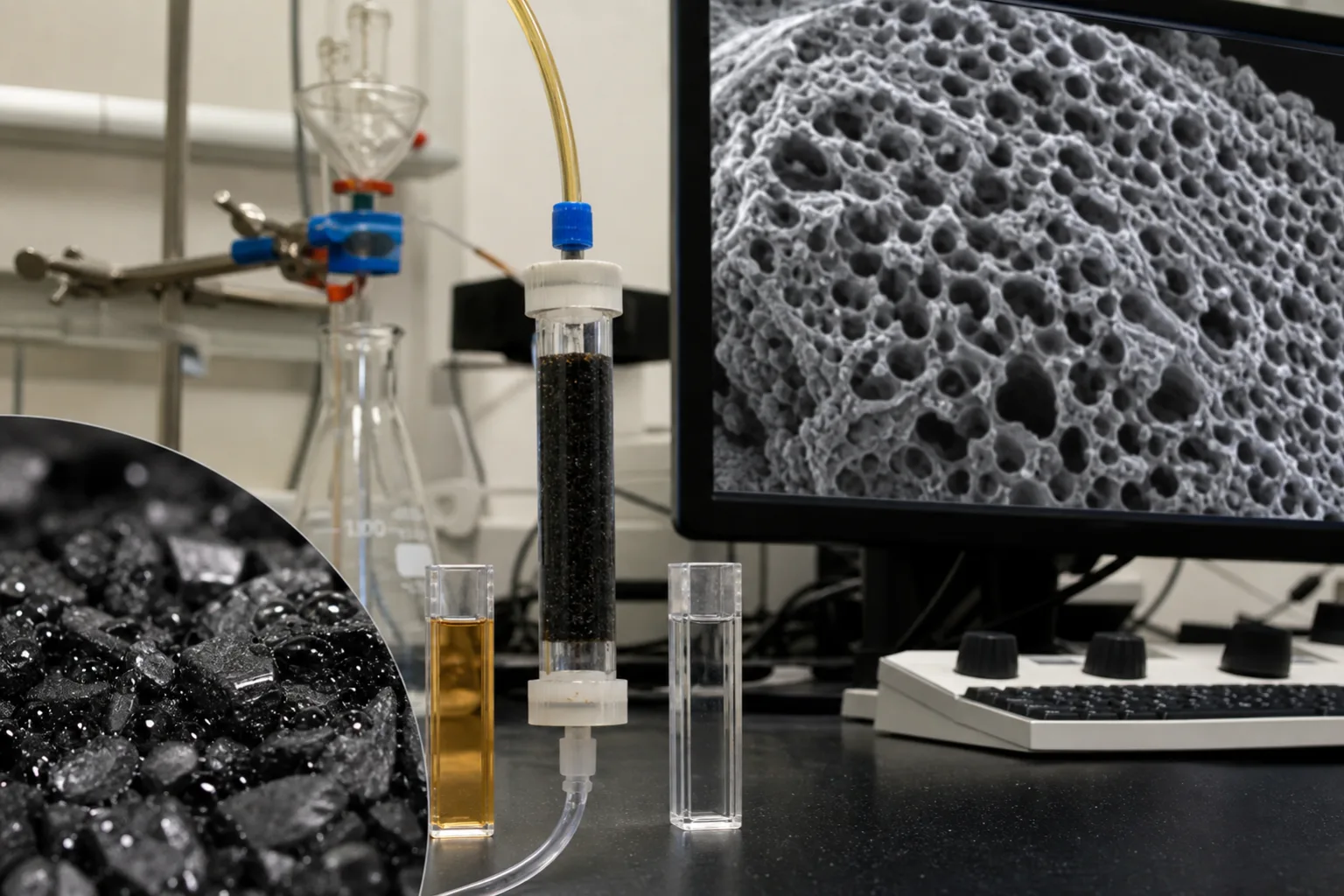 A laboratory column links the visible grain, hidden pore network, and before-after samples：Laboratory GAC fixed-bed column、Raw and treated sample pair、Wetted granular-carbon surface、Multiscale internal pore network