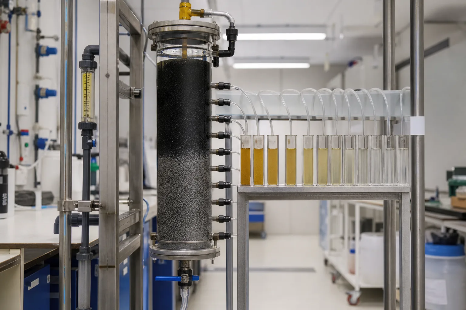 Depth sampling shows the mass-transfer zone moving toward the outlet：Influent and calibrated flowmeter、Mass-transfer zone/effective bed、Sampling ports at multiple depths、Depth samples and breakthrough profile