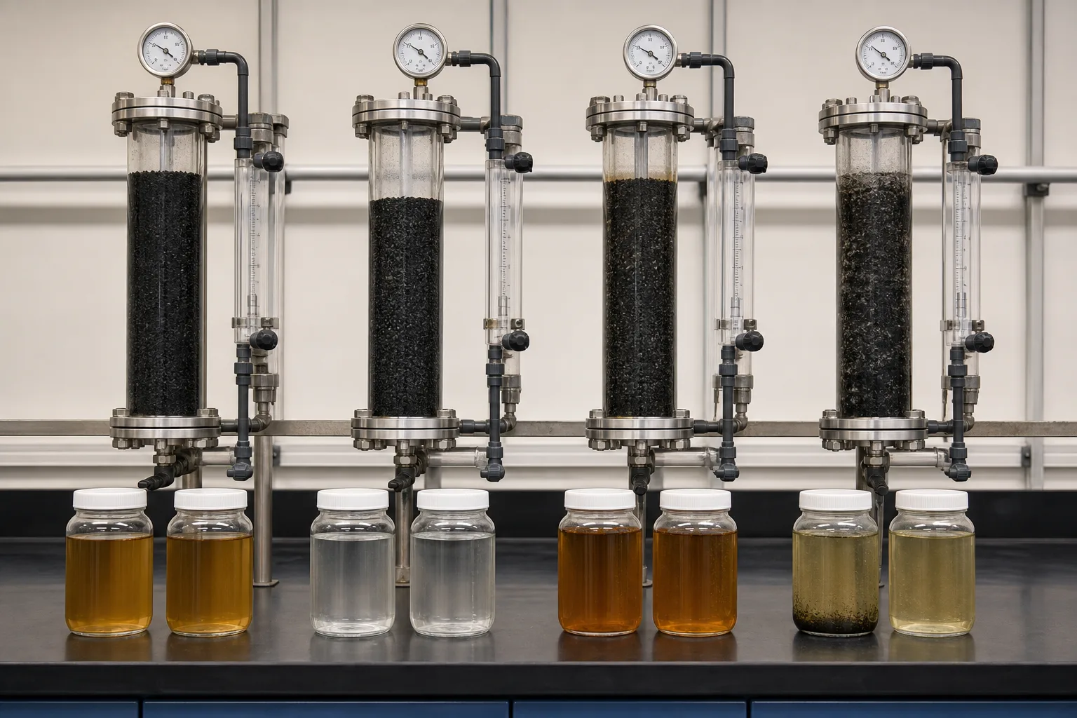 Parallel columns separate fresh media, capacity loss, NOM competition, and hydraulic short-circuiting：Fresh carbon/sufficient EBCT、Loaded bed/target breakthrough、NOM competition/early exhaustion、Channeling, short EBCT, or fines loss
