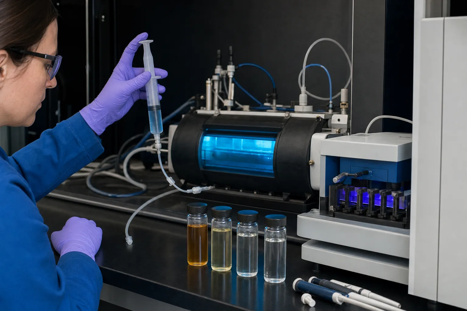 Bench testing separates peroxide dose, UV exposure, and analytical response：Calibrated H₂O₂ addition、Controlled UV photoreactor、Raw and dose/time samples、Target/residual quantitative analysis