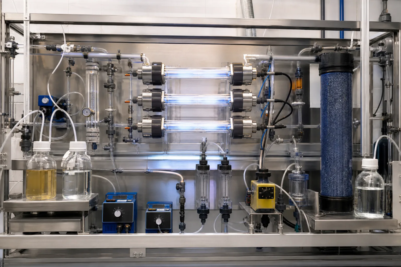A pilot train shows photons, oxidant, hydraulics, and quenching together：Three-stage UV photoreactors、Oxidant metering and mixing、Flow, sampling, residual monitoring、GAC/catalytic quench column