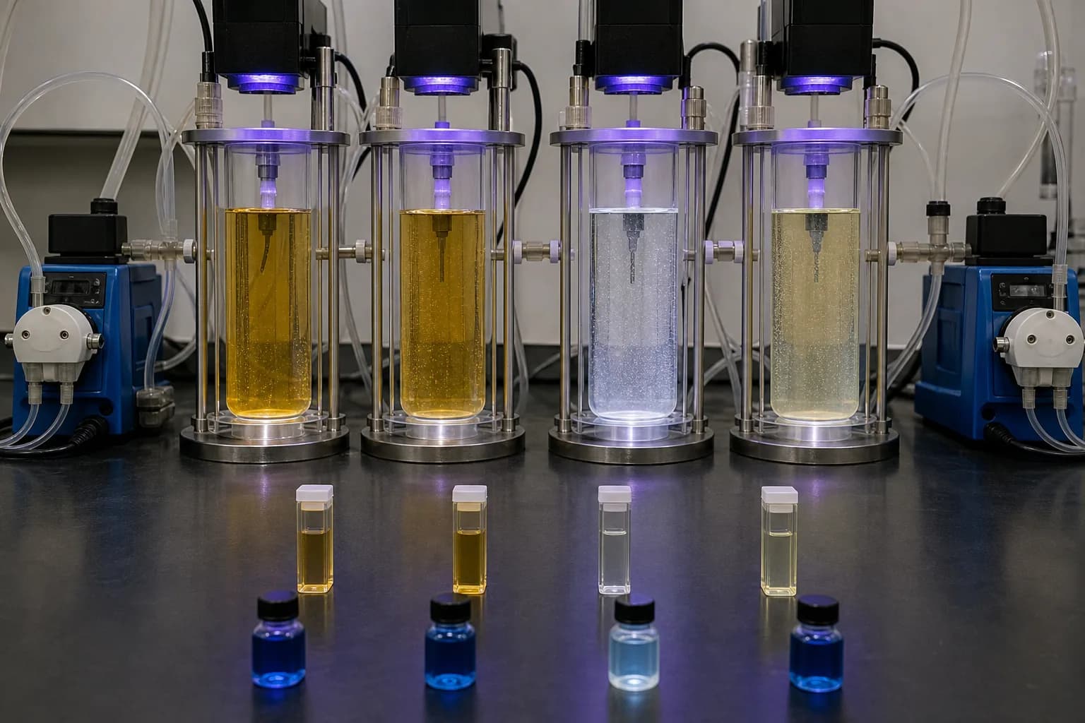 Parallel reactors reveal underdose, balance, matrix limitation, and peroxide self-scavenging：Low UV/low H₂O₂ underdose、Balanced photon-oxidant target case、Matrix scavenging/low-UVT limit、Excess H₂O₂ self-scavenging case