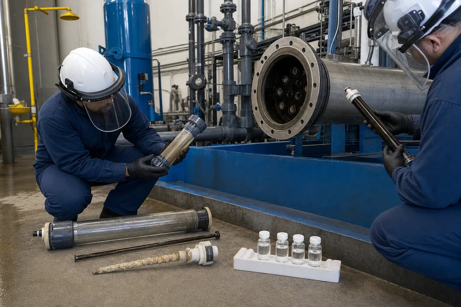 Sleeve fouling, lamp aging, and UVT shifts can lower radical yield despite correct chemical feed：Clean quartz sleeve、Fouled/scaled sleeve、UV lamp and end connection、Inlet-stage-outlet samples