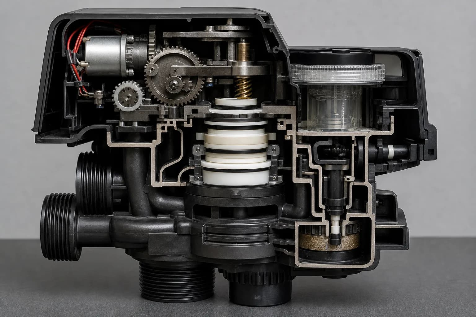 The cutaway links the gear drive to a piston while the seal stack selects ports：Motor, reduction gears and positioning、Piston/spool and drive shaft、Seal-and-spacer stack、Ported body and injector/flow controls