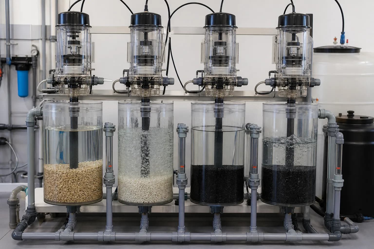 Transparent stations make service, backwash, rapid rinse and optional regeneration paths visible：Service: top in / bottom out、Backwash: bottom in / top to drain、Rapid rinse: downflow to drain、Optional brine/slow-rinse path