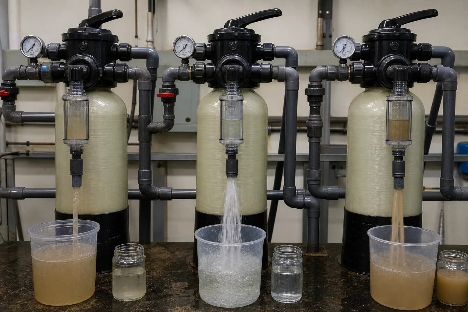 Drain flow, turbidity and bed behavior tell more than a countdown：Dirty early backwash discharge、Adequate upflow / bed agitation、Rapid-rinse residual fines、Timed drain sample / endpoint