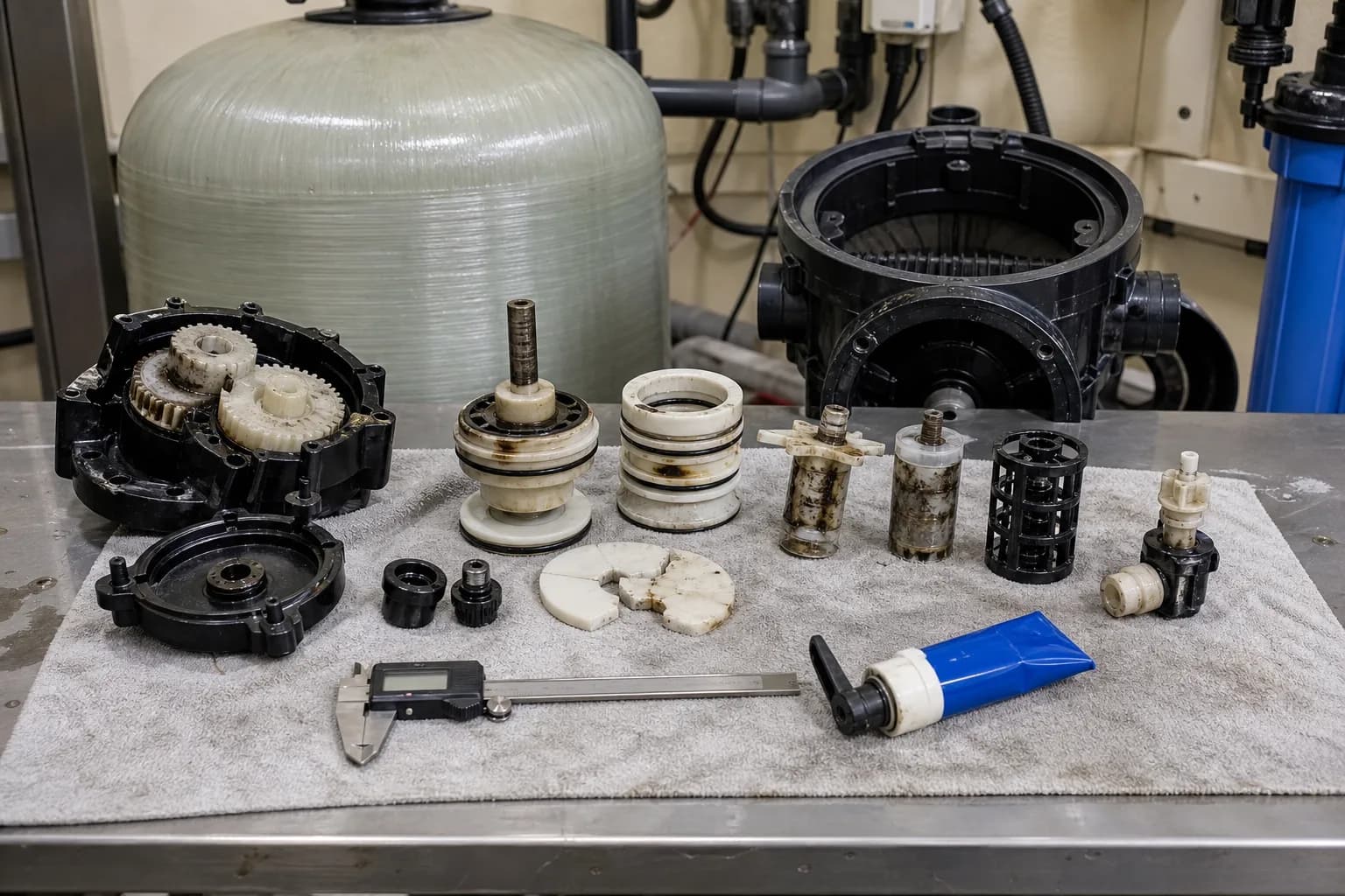 Teardown separates drive, internal leakage, chemical draw and weak-backwash faults：Drive gears and cam housing、Piston, seals and spacers、Injector / drain-flow control、Valve galleries and dimensional check