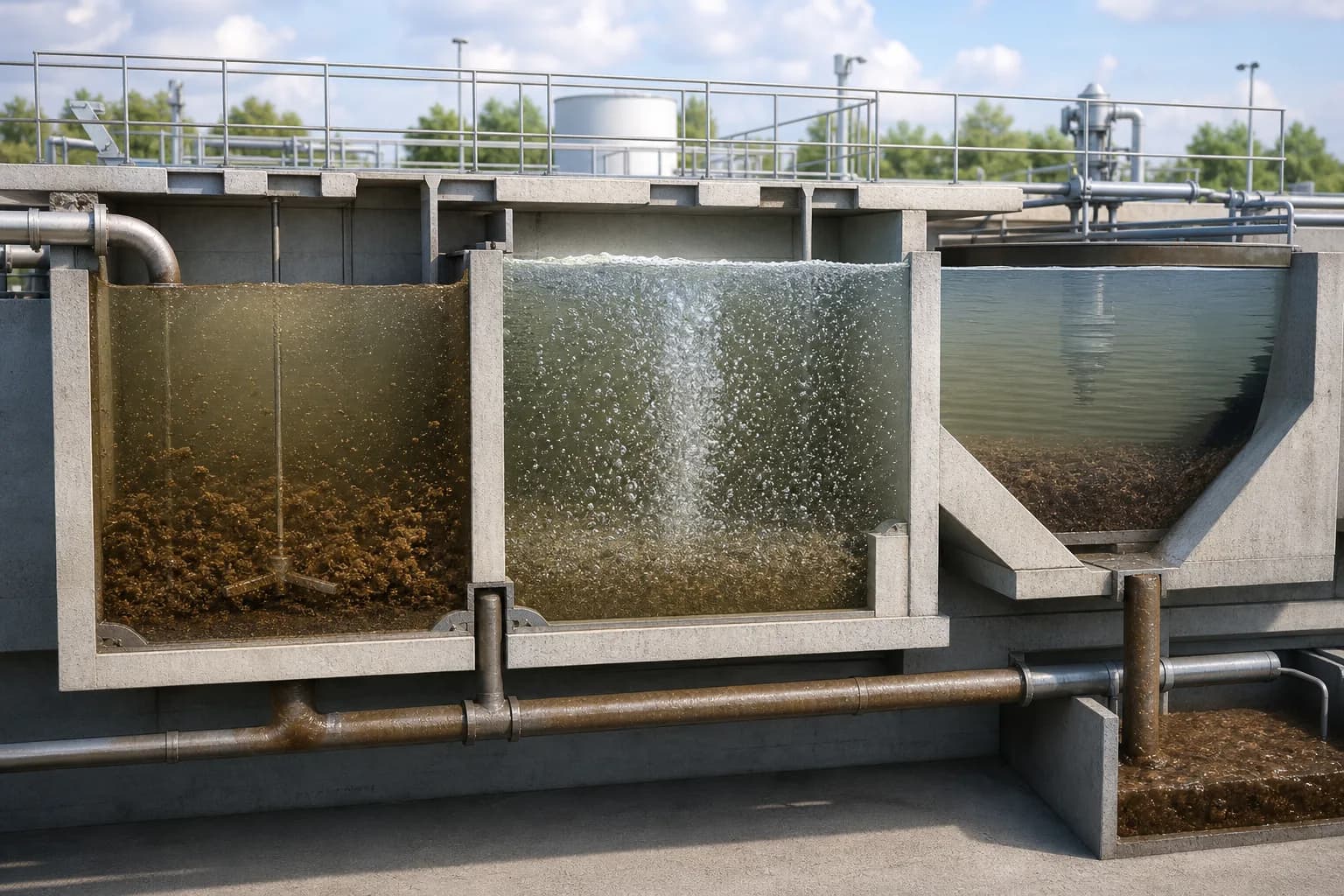 Hydraulic order lets PAOs access VFA before uptake：Influent plus RAS anaerobic contact、Aerobic uptake and growth、Clear water and sludge blanket、RAS return and WAS removal