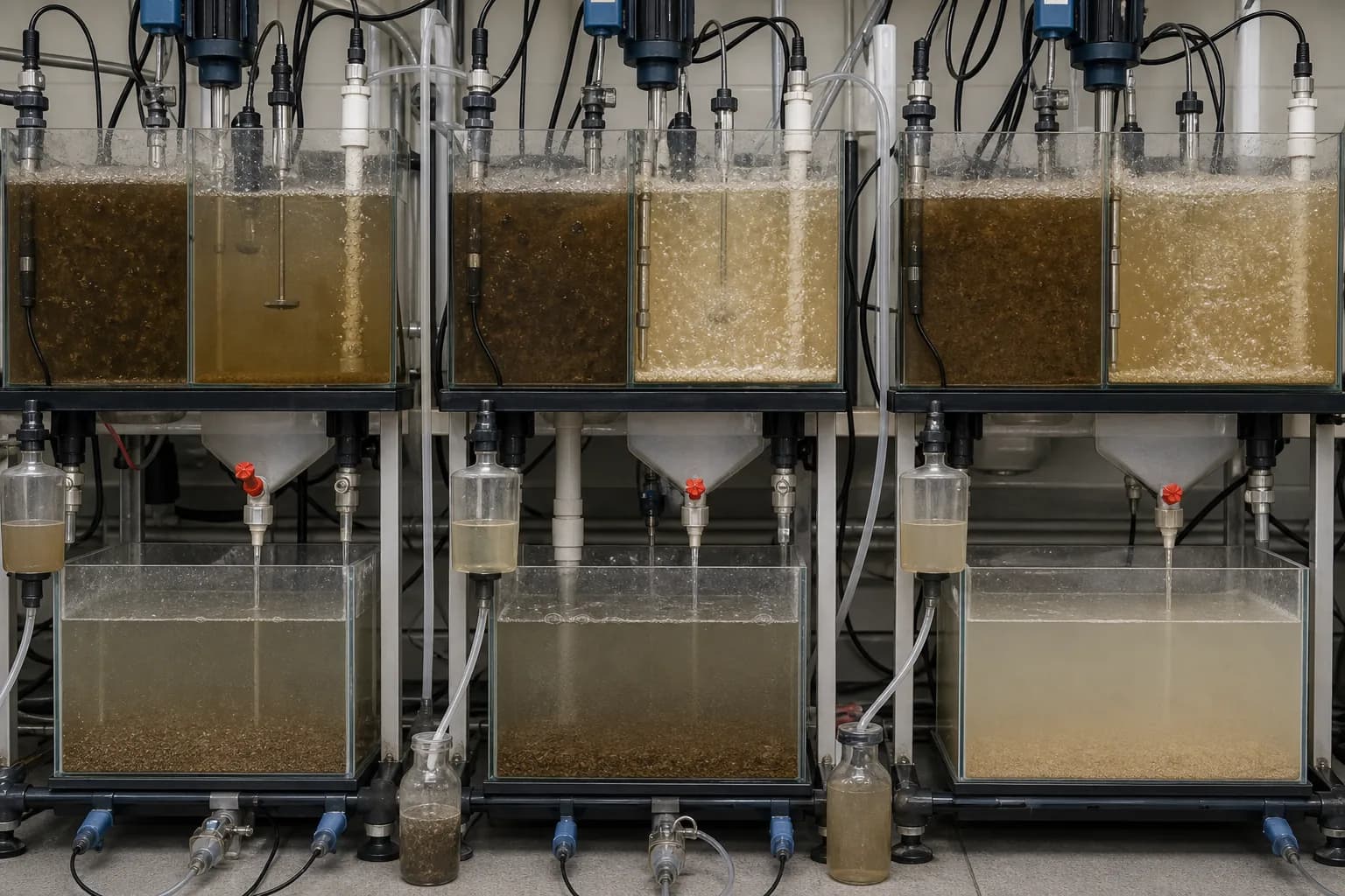 Low VFA, good selection and NOx intrusion create different profiles：Low VFA: weak release/uptake、Matched VFA: complete cycle、NOx/DO intrusion upstream、Zoned PO₄/ORP/DO sampling