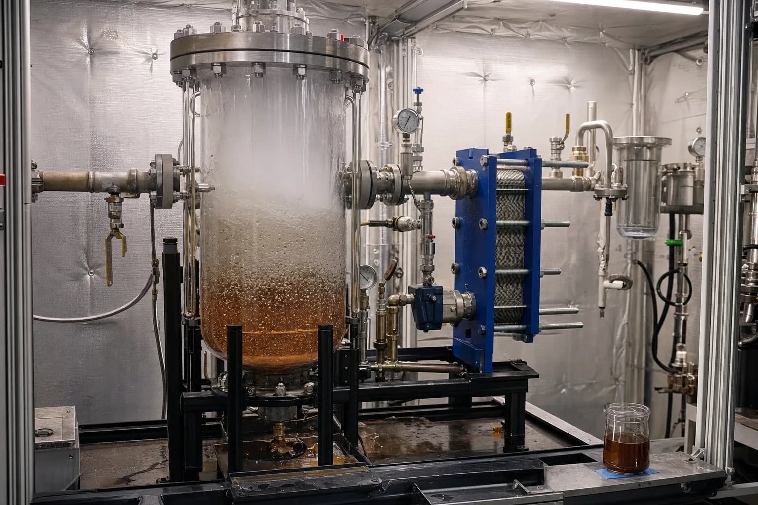 A transparent flash rig shows vapor-liquid separation and sensible-heat transfer：Flashing bubbles and liquid interface、Upper low-pressure flash-steam space、Hot blowdown side of plate exchanger、Residual blowdown sample and chemistry