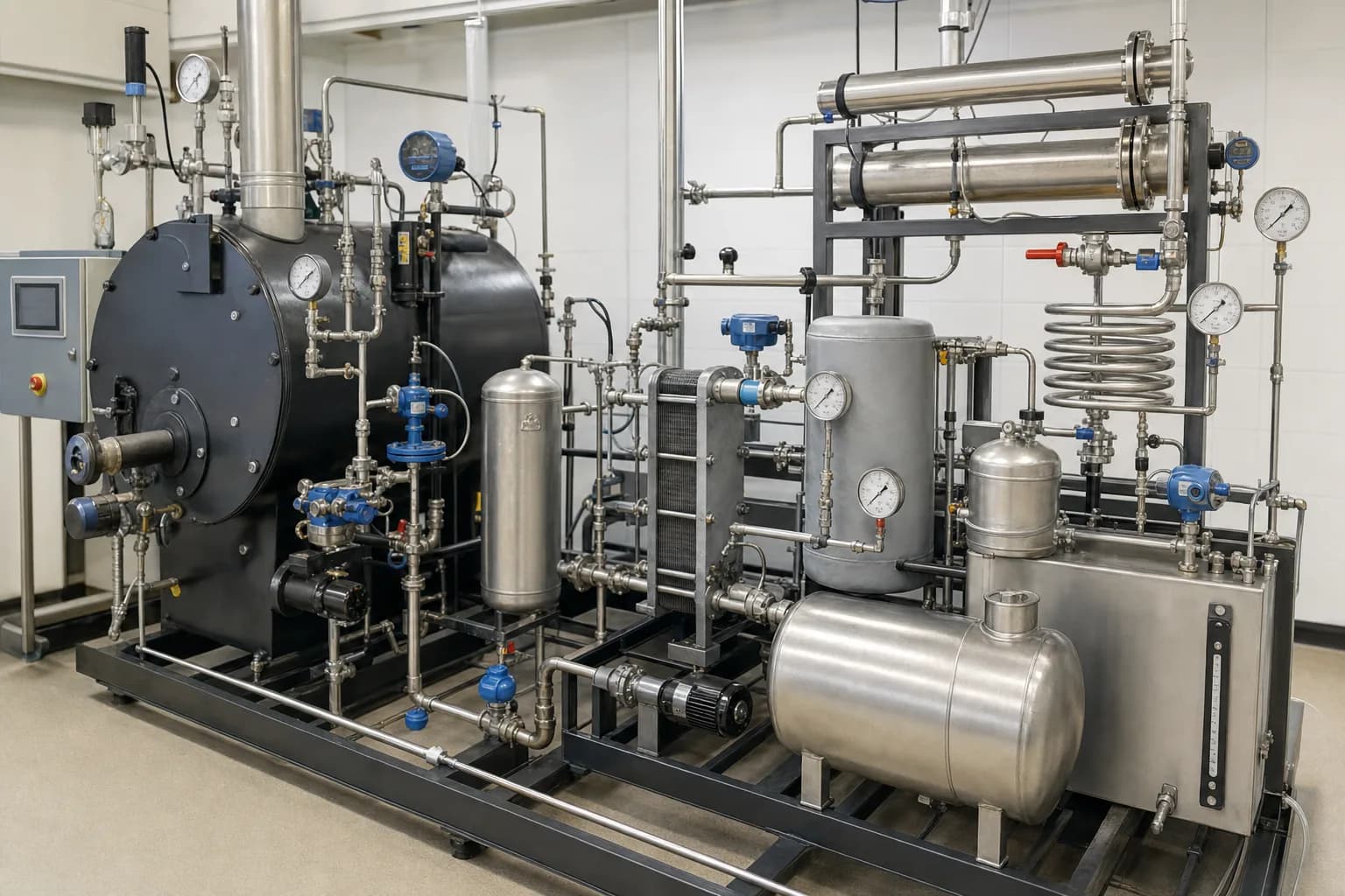 A complete rig makes blowdown control, flashing, heat exchange, makeup and return measurable：Boiler and automatic blowdown valve/meter、Flash-vessel pressure and level control、Plate exchanger and cold-makeup circuit、Low-pressure load, receiver and flow meters