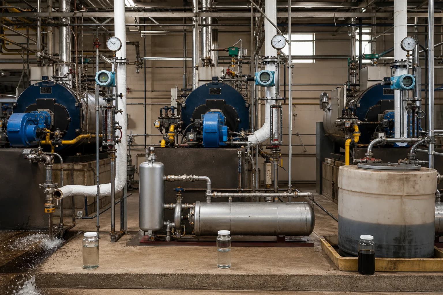 With multiple boilers, each unit needs independent blowdown measurement before common recovery：Individual boiler load and blowdown boundary、Conductivity/flow instruments and valves、Common flash-heat-recovery equipment、Makeup, recovered and concentrated samples