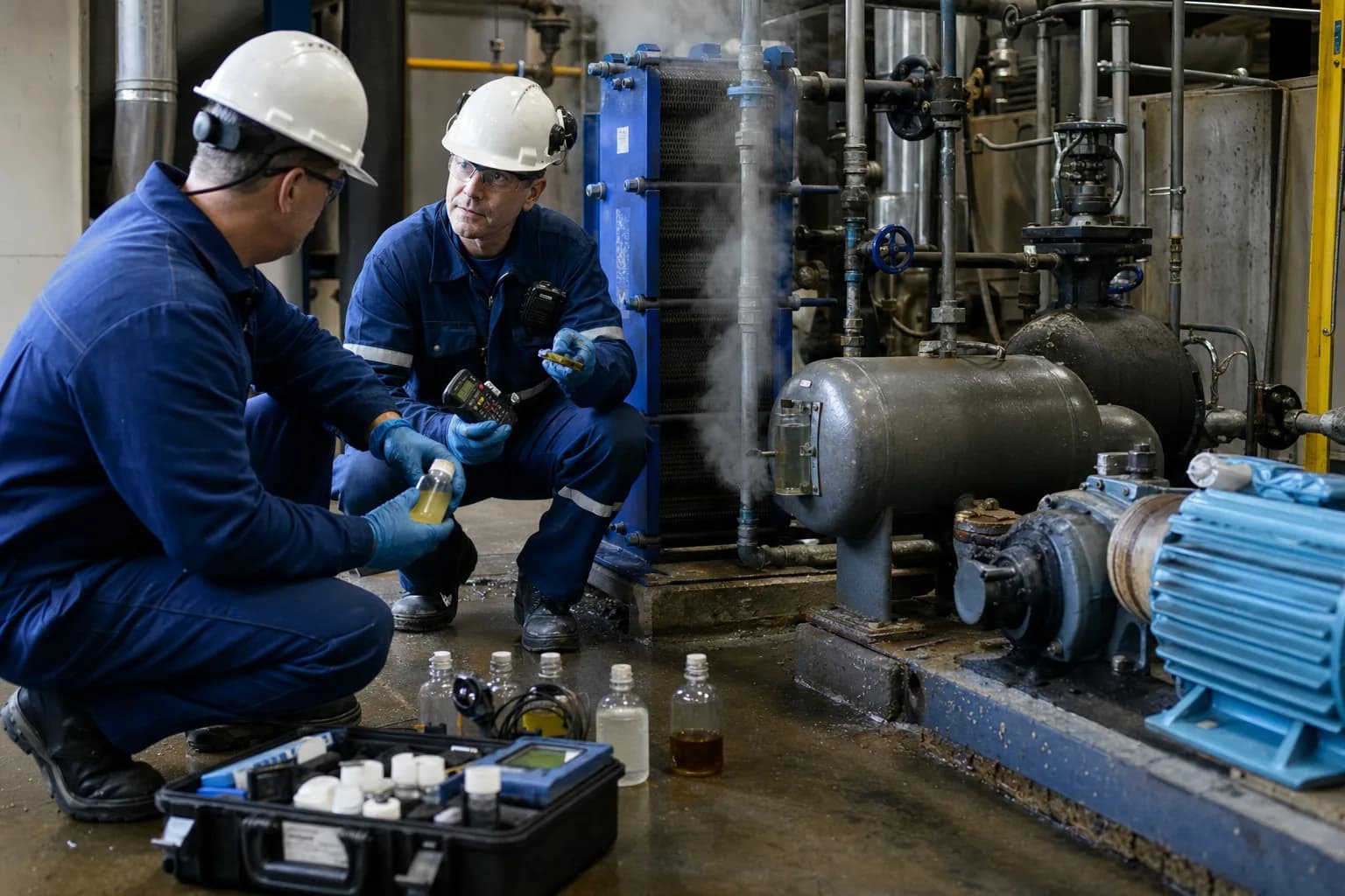 Field sampling links exchanger, vessel, pump and water quality：Plate exchanger fouling/cross-leak point、Flash/receiver vessel pressure-level boundary、Return/circulation pump and valve condition、Identified samples and portable instruments