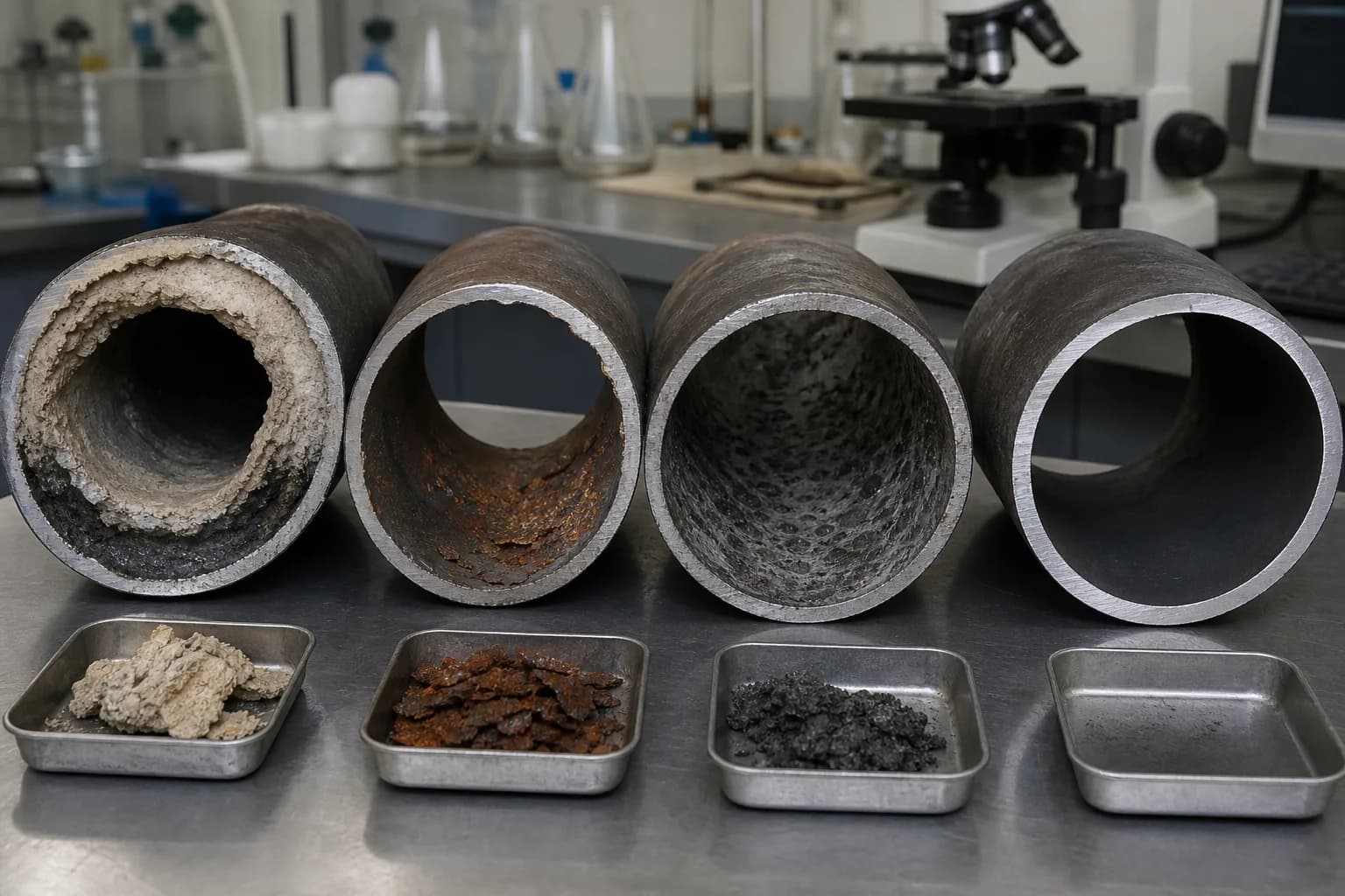 Four pipe sections separate hard scale, rust, dark deposits and a clean baseline：White hardness/silica scale、Orange iron oxide and metal loss、Dark oxide or composite deposit、Clean metal baseline and texture