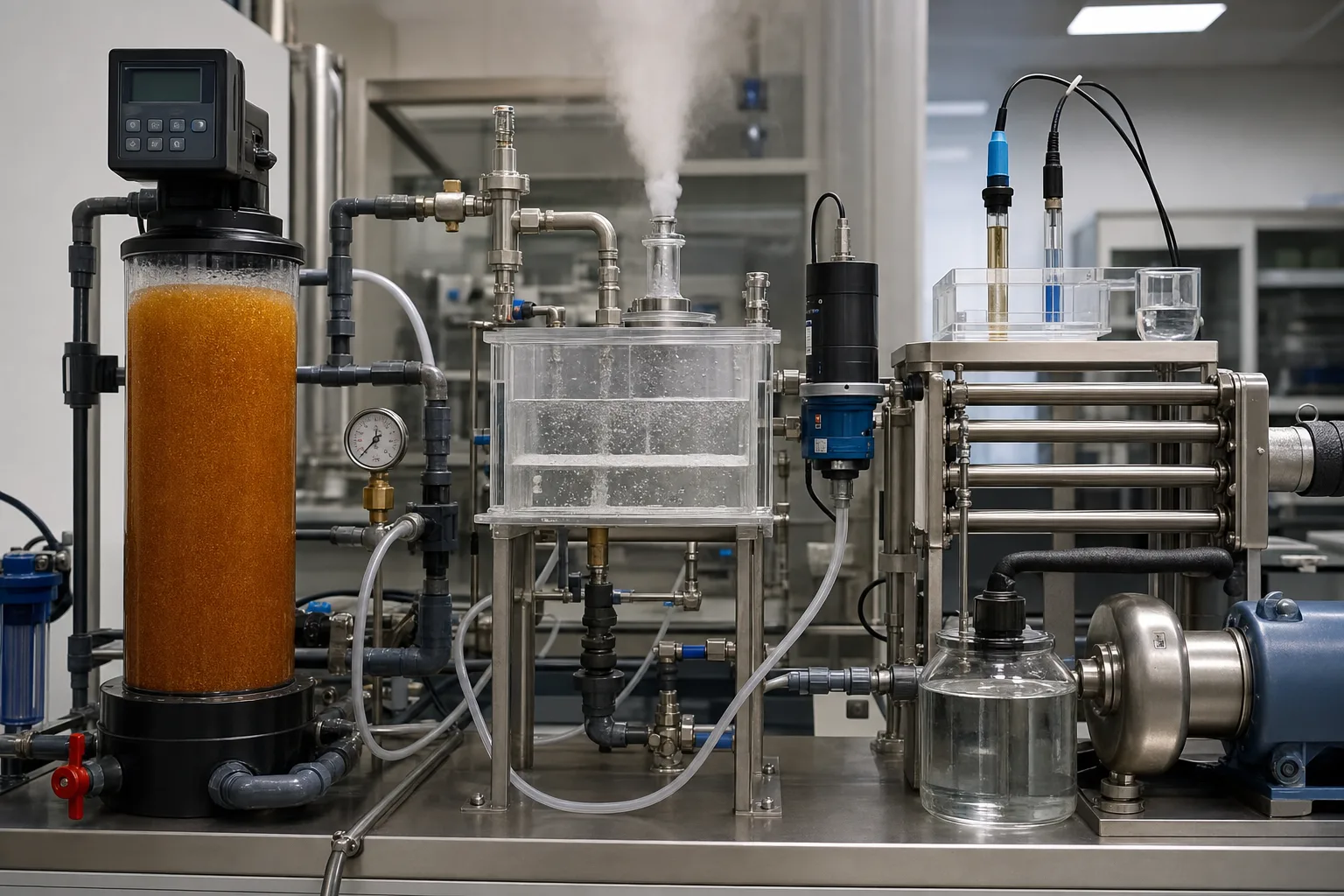 A transparent rig puts ion exchange, thermal deaeration, measurement and heated-tube validation in one circuit：Sodium-form ion-exchange resin、Heating, steam-water contact and vent、Downstream pH and dissolved-oxygen probes、Heated tube/heat-transfer result
