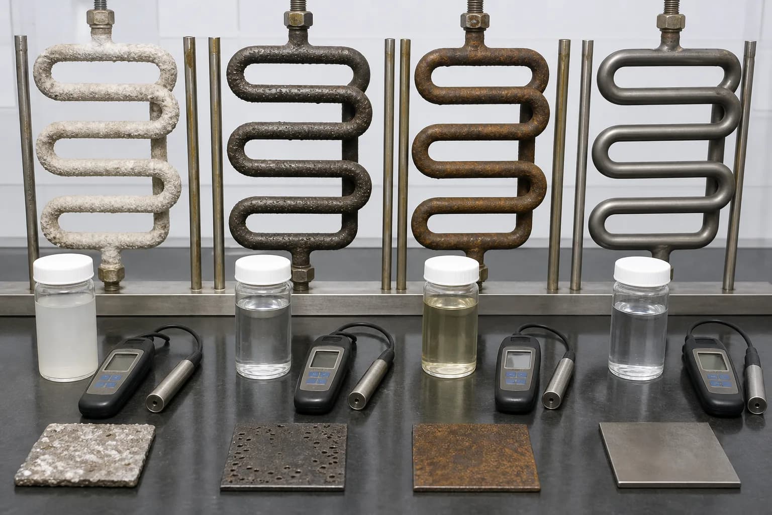 Four heated sections compare insulating scale, pitting, circuit corrosion and a controlled condition：Insulating scale and overheating risk、Oxygen-related or under-deposit pitting、Feedwater/condensate circuit rust、Chemically controlled clean comparison