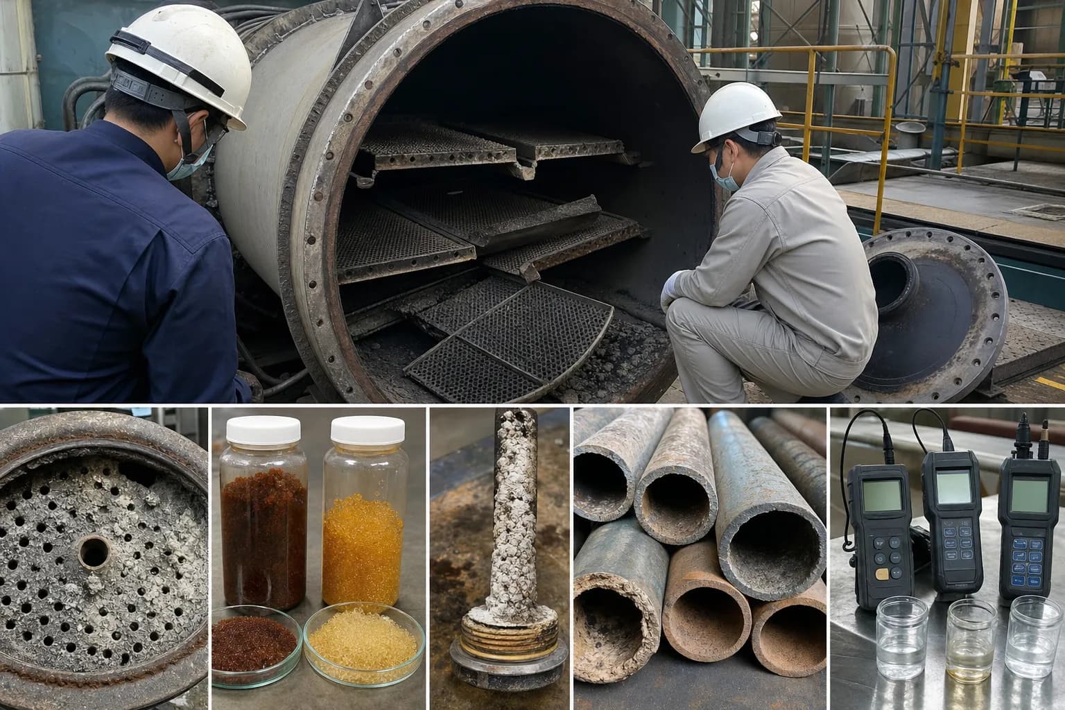 An opened deaerator brings contact internals, shell flow path and inspection evidence together：Perforated tray/distributor contact zone、Confined-space entry and internal inspection、Open manway, shell and internal flow path、Resin, deposit, tube and meter evidence