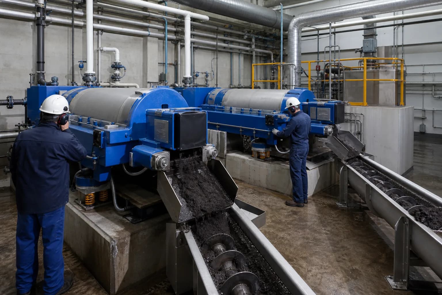 How does a centrifuge use rotation to separate sludge and water?