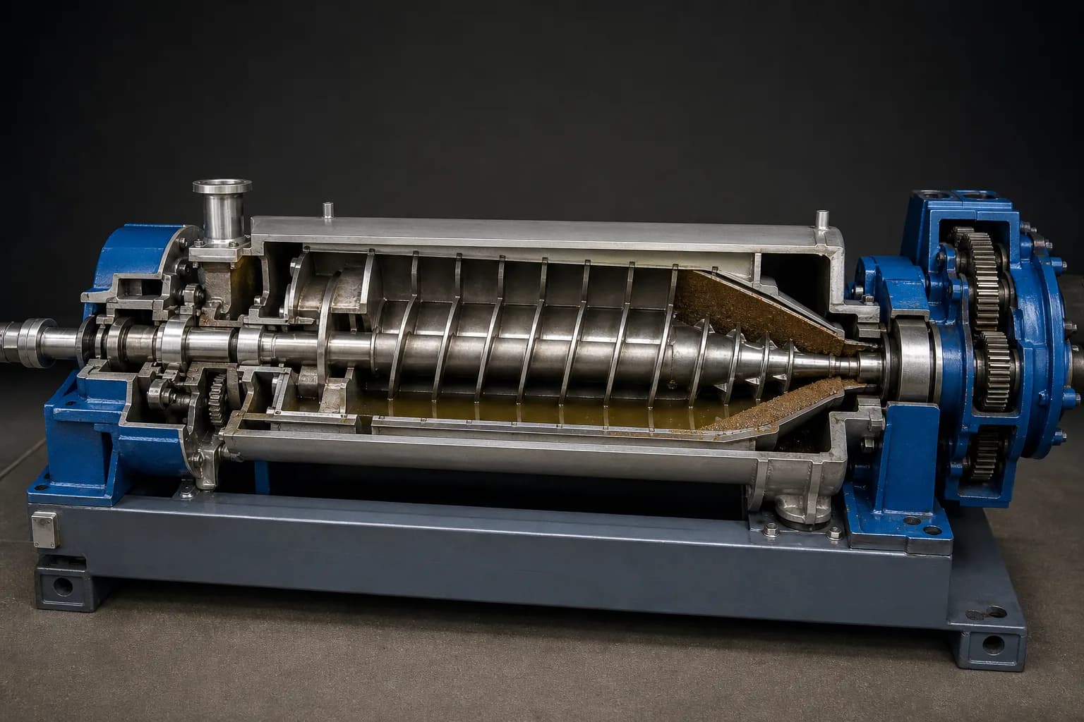 The cutaway reveals stationary feed, solid bowl, internal scroll and conical beach：Stationary feed and acceleration zone、Cylindrical bowl / concentric pond、Scroll flights and settled solids、Conical beach, bearings and differential drive