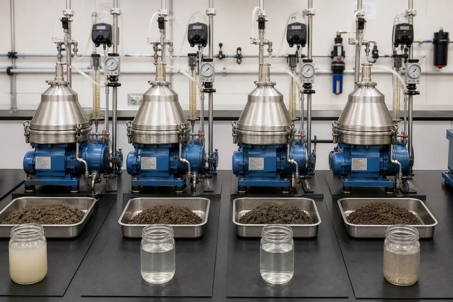 Parallel centrifuge tests compare products, but machine topology still matters：Cloudy liquid result、Clearer liquid control A、Clearer liquid control B、Solids carryover / mixed result