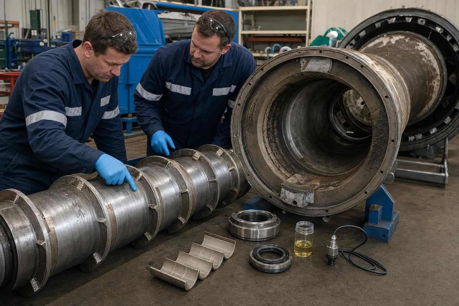 Teardown focuses on scroll wear, bowl wall, bearings/seals and condition monitoring：Scroll leading edge / wear tiles、Bowl wall and discharge wear zone、Bearings, seals and lubrication parts、Oil sample and vibration/speed sensor