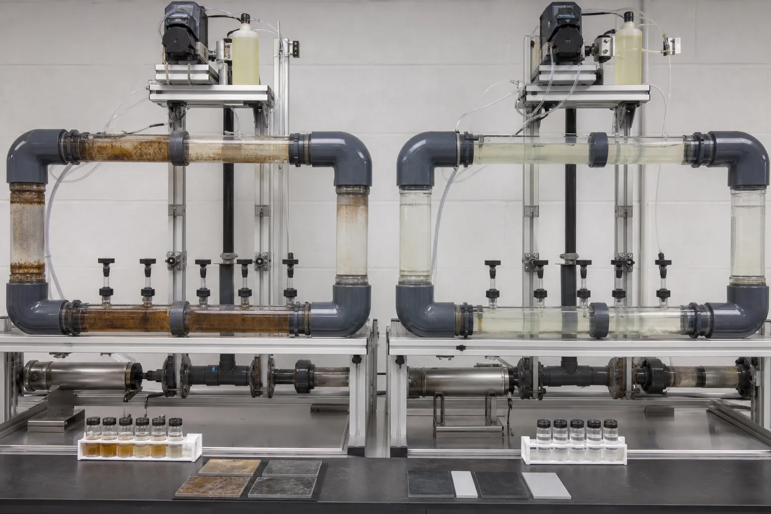 Pipe-loop appearance can illustrate selectivity, not universal superiority：Higher-demand/deposit chlorine loop、Relatively clean ClO₂ loop、Matched dose and flow controls、Paired samples and corrosion coupons