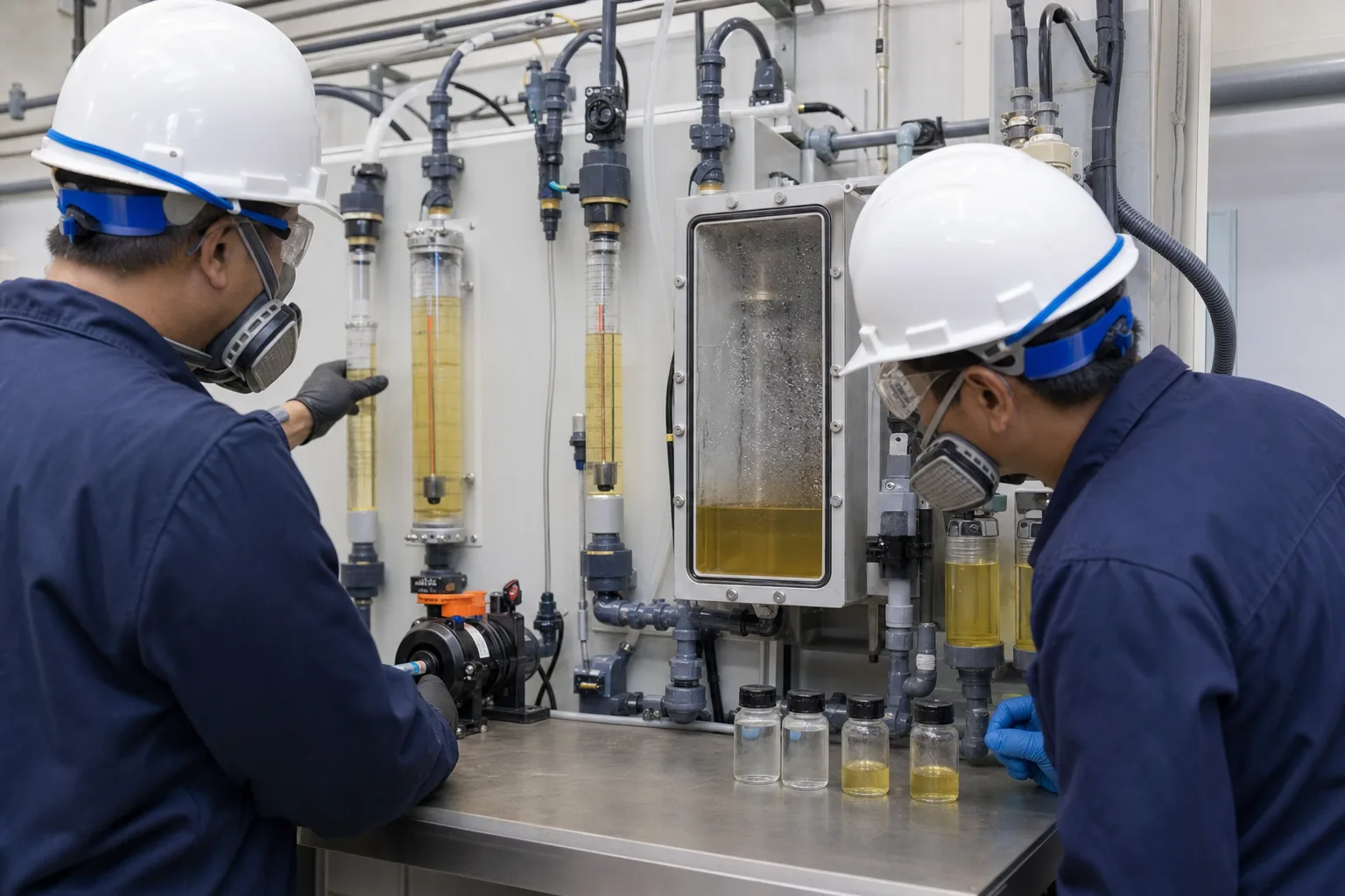 Choosing ClO₂ adds generator operation and gas-safety duties：Precursor flowmeters、Reaction chamber and sight window、Product/byproduct samples、PPE, ventilation, gas monitoring
