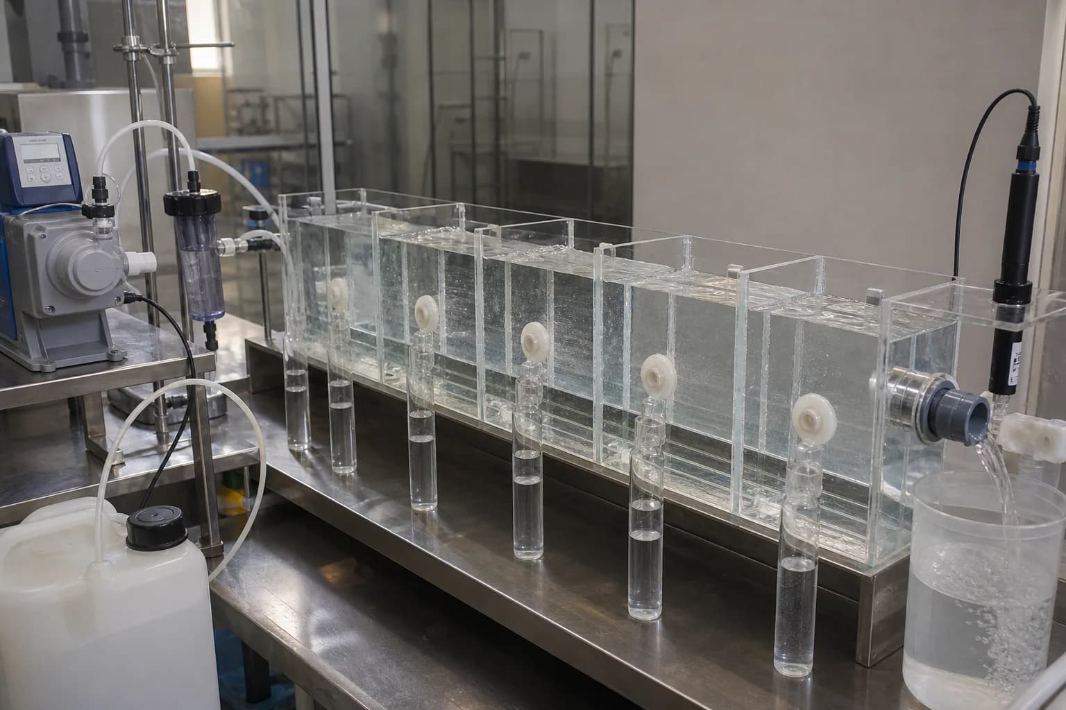A baffled pilot links dose, contact distribution, residual decay, and effluent：Disinfectant metering/injection、Serial baffled chambers、Residual/microbial profile samples、Terminal probe and outlet