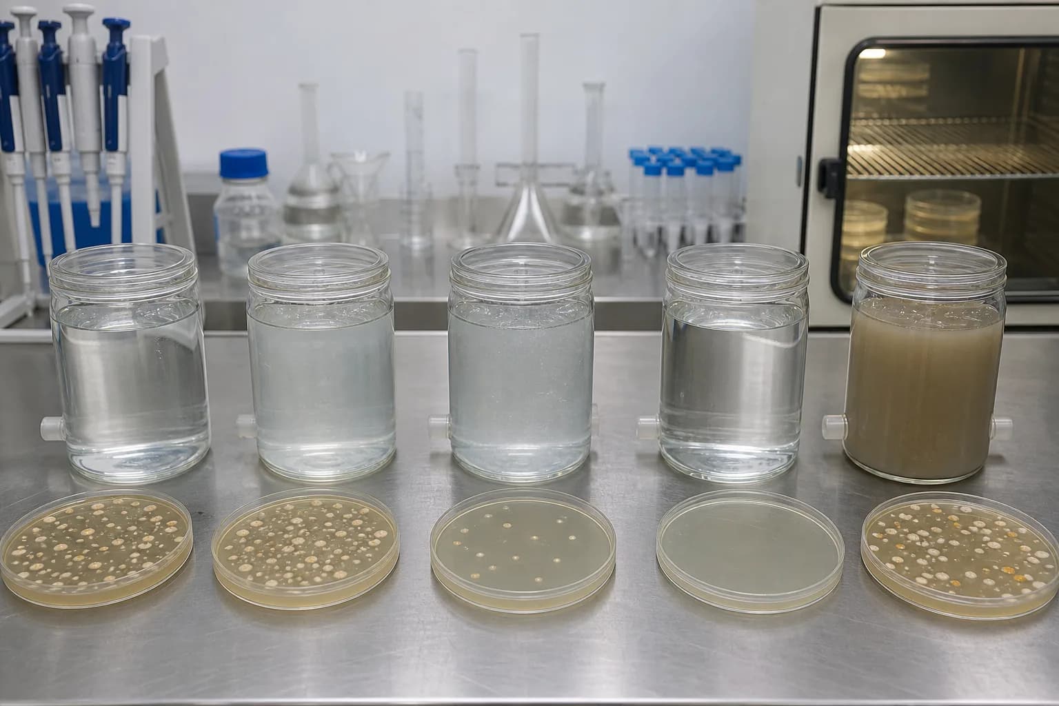 Paired waters and plates connect dose, time, shielding, and microbial outcome：Untreated/high-colony control、Insufficient dose or time、Target exposure/low colonies、Turbid high-demand challenge