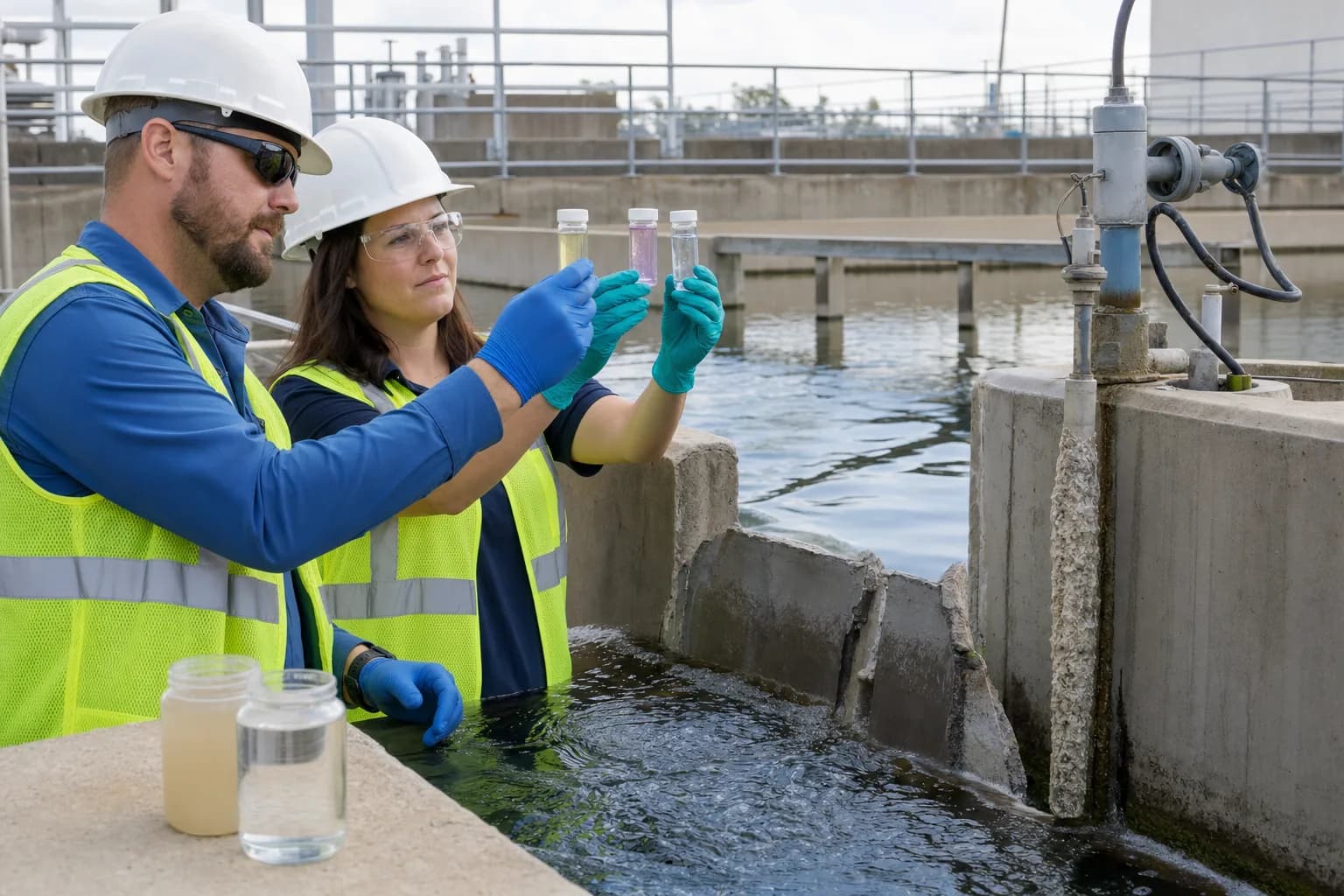 Field control aligns online residual, colorimetric checks, and microbial sampling：Contact-basin outlet sample、Residual color comparator tubes、Paired raw and treated waters、Online probe/service interface