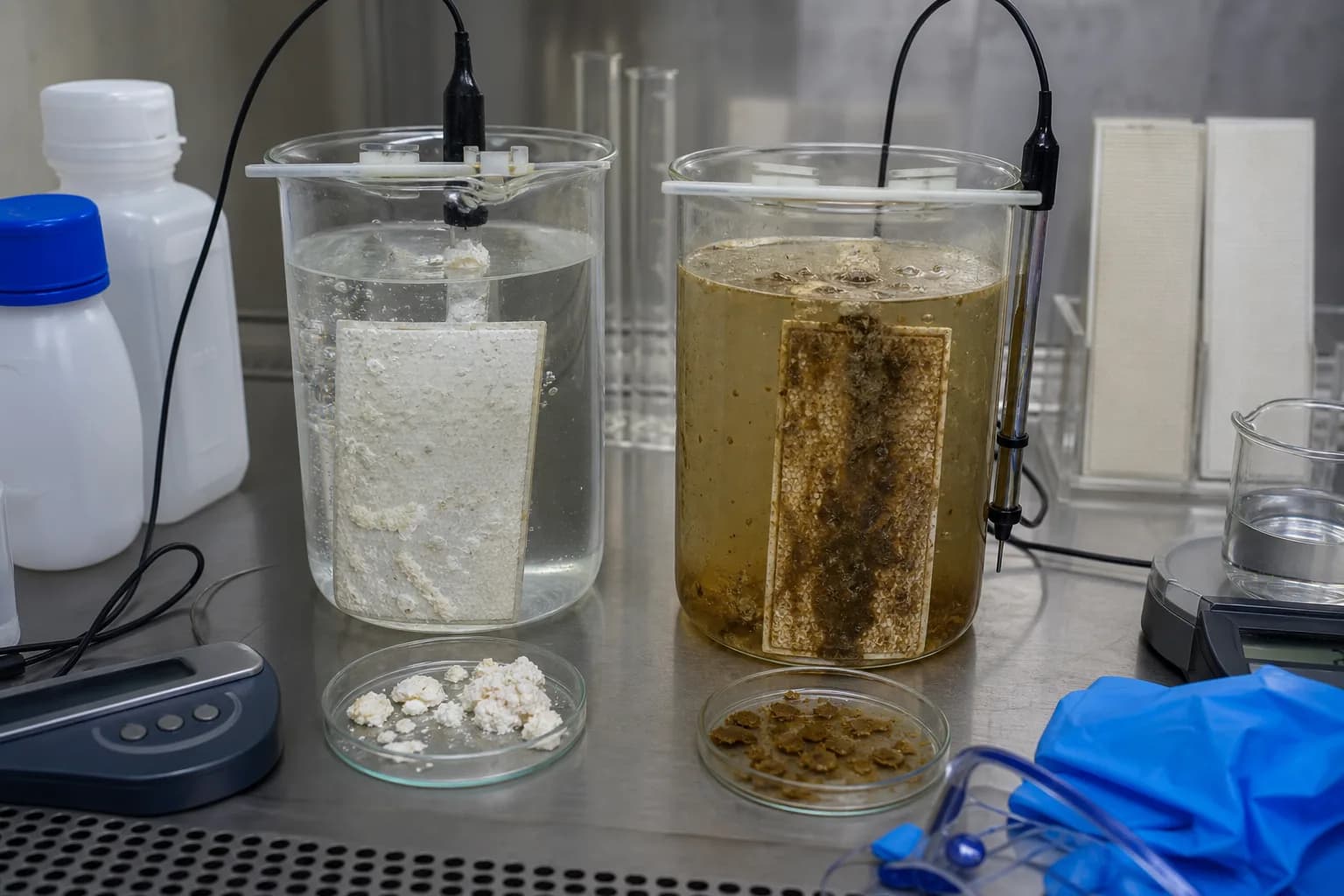 White mineral and brown organic/biological layers follow different chemical paths：Carbonate/metal inorganic deposit、Acid solution and pH demand、Organic/colloid/biofilm layer、Alkaline dispersant/surfactant and pH