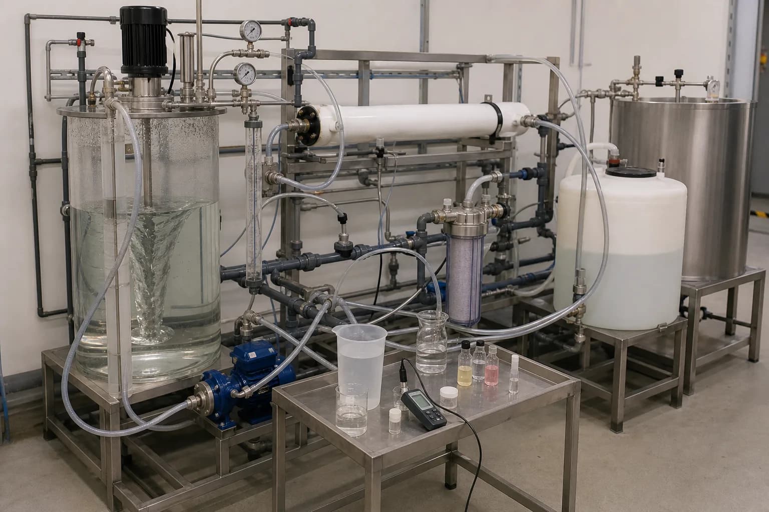 The transparent loop shows displacement, recycle, filtration, soak and return：Mixed tank pH/T inventory、Low-pressure pump and flow/ΔP、Vessel feed-to-concentrate recycle、Return filter and timed solution samples