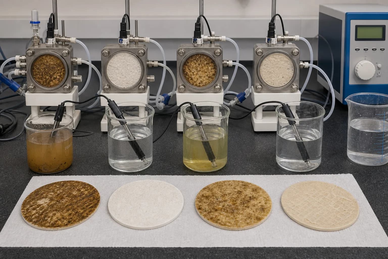 Four parallel tests reveal chemistry matching and sequence effects：Untreated composite baseline、Organic/biofilm removal after alkali、Residue after wrong acid-first sequence、Alkali–rinse–acid combined result