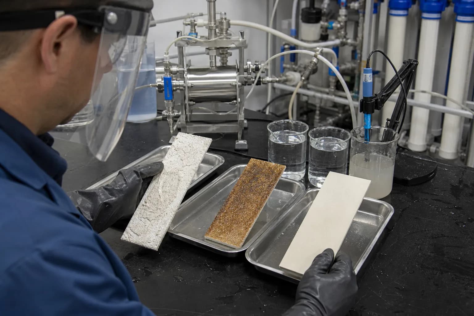 Before/after coupons, solution samples and normalized data close acceptance：Mineral coupon and dissolution evidence、Organic/biofilm coupon and dispersion、Rinsed clean coupon and integrity、Timed pH, turbidity, color and samples