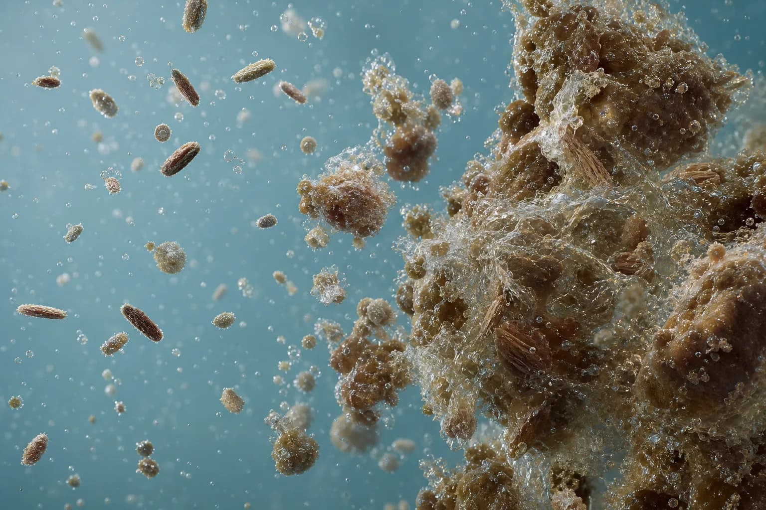 Microscopically, repulsion is removed before neutralization, sweep or bridging connects particles：Stable dispersed fines、Destabilized microfloc、Hydroxide sweep/enmeshment、Polymer bridges and large floc