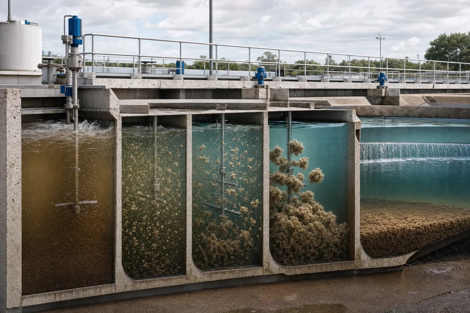 Flocs grow through staged collisions from rapid to gentle mixing：Instant chemical dispersion、Destabilized-particle collisions、Staged gentle floc growth、Clarified water and sludge
