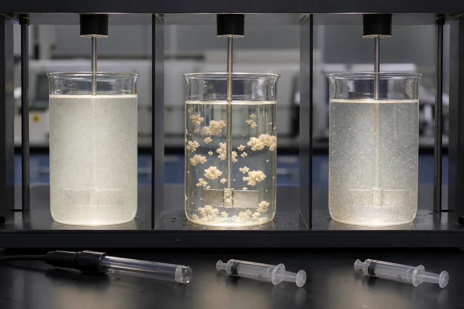 Jar testing searches for a chemical-hydraulic window, not the prettiest beaker：Low-dose candidate、Working floc window、High-dose/mismatch candidate、Identical rapid/slow mix program