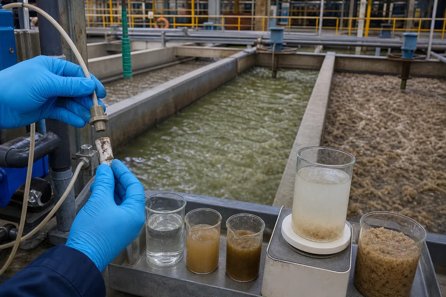 Full-scale transfer requires calibrated pumps, sensors, mixing and samples：Pump calibration/feed point、Raw/rapid-mix/final-stage samples、pH, turbidity and settling test、Full-scale floc and hydraulics