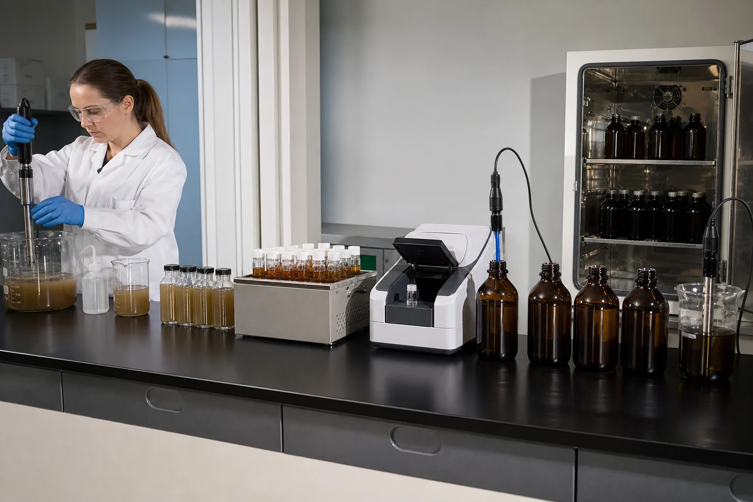 The two workflows have different control points：Mixing, dilution and seeding、COD heated digestion block、COD photometric measurement、BOD dark bottle incubation