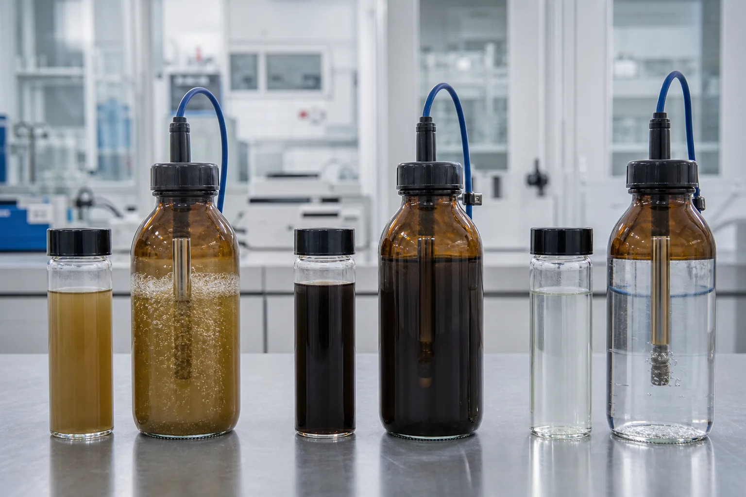BOD comes from bottle differences and corrections, not one instant probe reading：Sample and dilution series、Initial DO reading、20°C dark incubation、Final DO and blank correction