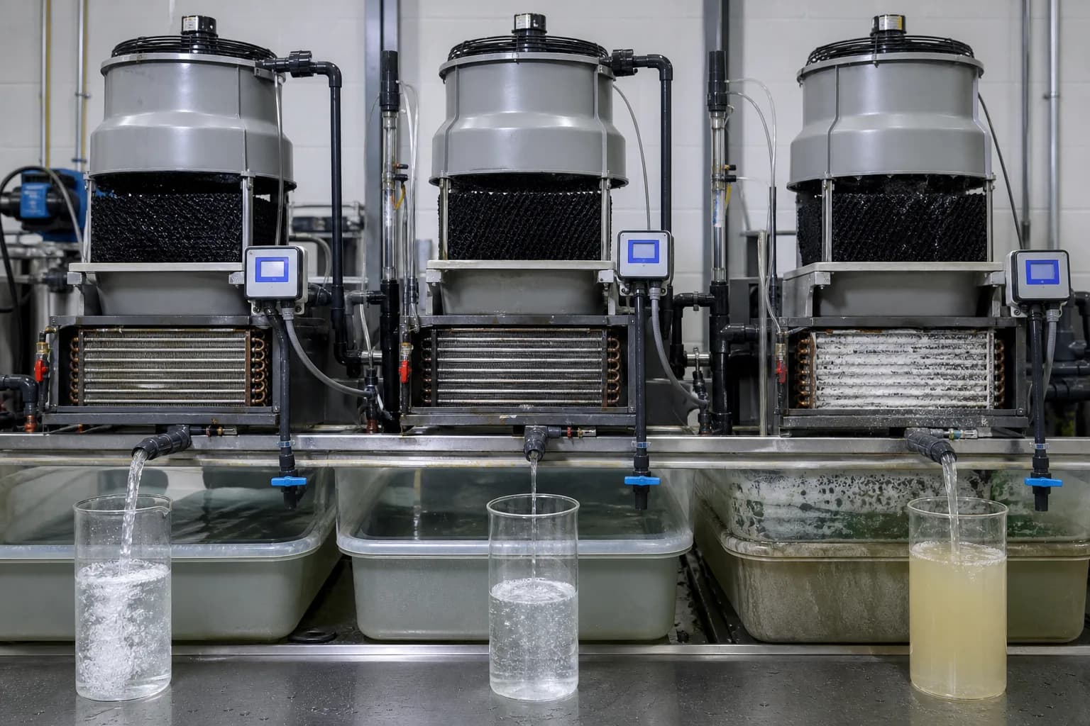 Matched-load tests show that lower blowdown saves water until chemistry turns concentration into scale：Lower CoC: more blowdown, lower salts、Optimized CoC: water-risk balance、Excess/uncontrolled CoC: coil scale、Matched outlet and deposit evidence